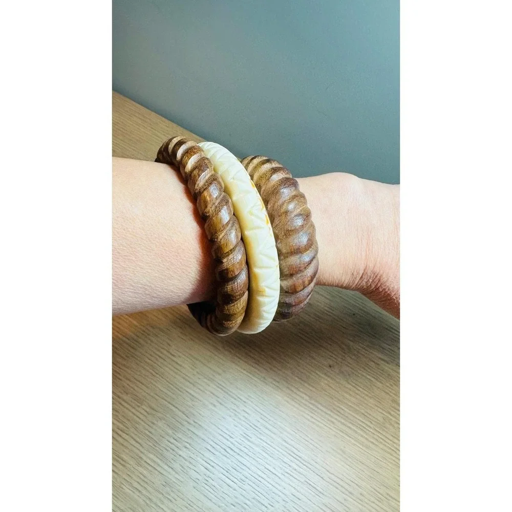 Vintage Carved Wood Resin Bangle Bracelets Lot Stackable Boho Chunky Set 3